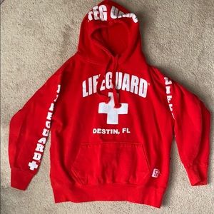 red and white life guard hoodie